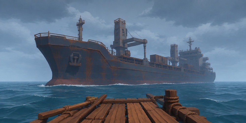 Illustration: A large rusty cargo ship adrift on the open sea, seen from a small raft approaching it, overcast sky